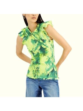 INC Smocked Top Women XL Tropical Flutter Ruffle Y2K